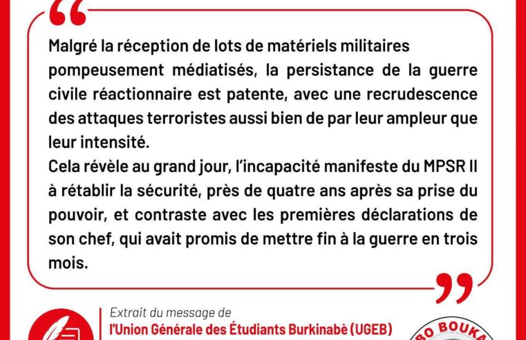 Burkina Faso : l&rsquo;UGEB dénonce l&rsquo;échec de la stratégie sécuritaire du MPSR II