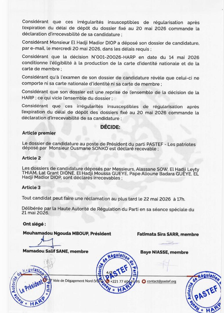 Congrès Pastef 2026 : Ousmane Sonko seul candidat retenu pour diriger le parti
