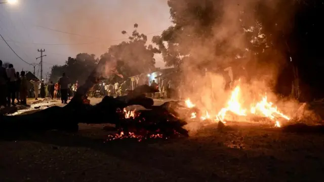 Un grand incendie près d'un arbre tombé. 