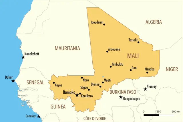 Carte des principales villes du Mali et des pays voisins