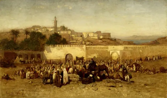 Marché traditionnel de Tanger au XIXe siècle, symbole des échanges commerciaux historiques entre le Maroc et les États-Unis